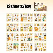 12 Sheets/Book Sticker Book Coffee Party Series Coffee Scenery PET Sticker Book, Scrapbook Supplies, Notebook Accessories, Decorative Notebooks, Photo Frames, Phone Cases, Water Cups, Junk Magazines, Pencil Cases, DIY Personalized Stickers, School Supplies, Back To School