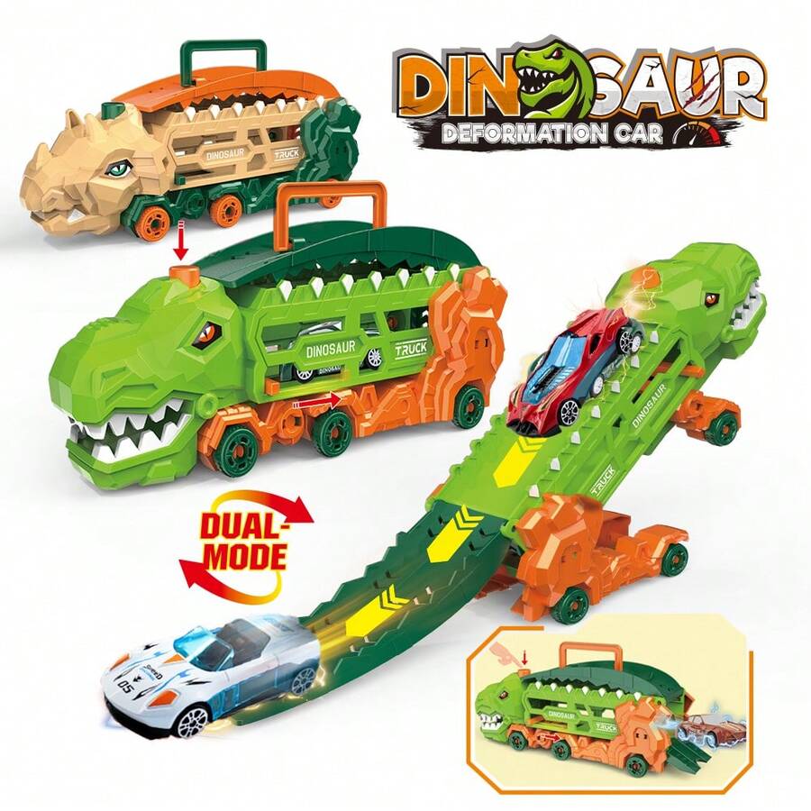 Mini pista de carrera de dinosaurios lanzador de coches, juguete transformable de doble modo con lanzamiento de un solo botón, juguete portátil para viajes para niños de 3 a 5 años (1 coche de aleación al azar)