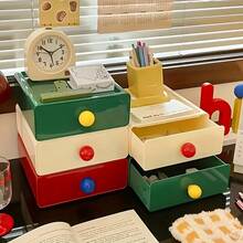1pc Stackable Dopamine Color Plastic Storage Box, Multifunctional Office Supplies & Cosmetics Organizer, Lipstick, Skincare & Jewelry Storage Rack, Suitable For Vanity, Office, Bathroom, Bedside Table, Customizable, No Assembly Required. Essential Back-To-School Storage Box. - Multicolor - View 3