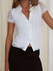 Womens Lace Shirts Fashionable Solid Color Lapel V Neck Short Sleeve Slim Fit Tops Casual Daily - White - View 2