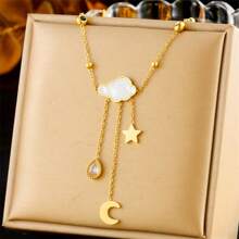 1 peça feminina banhada a ouro 18K em aço inoxidável com estrela, lua, gota d'água, zircônia em nuvem, joias da moda com pérolas