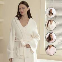 Bearberry Hooded Robe Cozy Leopard Robe Lightweight Soft Plush Bathrobe With Pockets For Women - Krim - View 6
