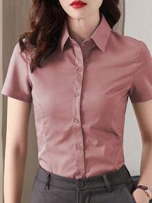 Áo sơ mi tay ngắn màu hồng mới mùa xuân/hè 2025, trang phục công sở cho nữ, áo đồng phục chuyên nghiệp cho doanh nhân - Hồng - Xem 3