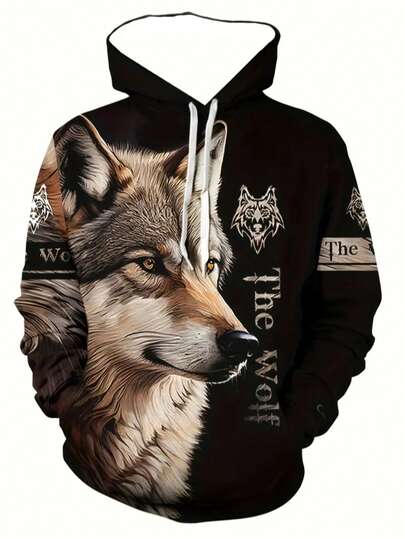 Men's 3D Long Sleeved Wolf Casual Hooded Sweatshirt With Drawstring Pockets, Stylish Patterned Hooded Jacket, Lightweight And Breathable, Spring And Autumn Casual Fashion Sports Sweatshirt.