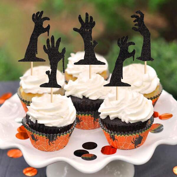 Halloween Cupcake Decorations Glitter Black Zombie Hand Cupcake Toppers, Horror Movie Bloody Theme Birthday Party Cake Decorations