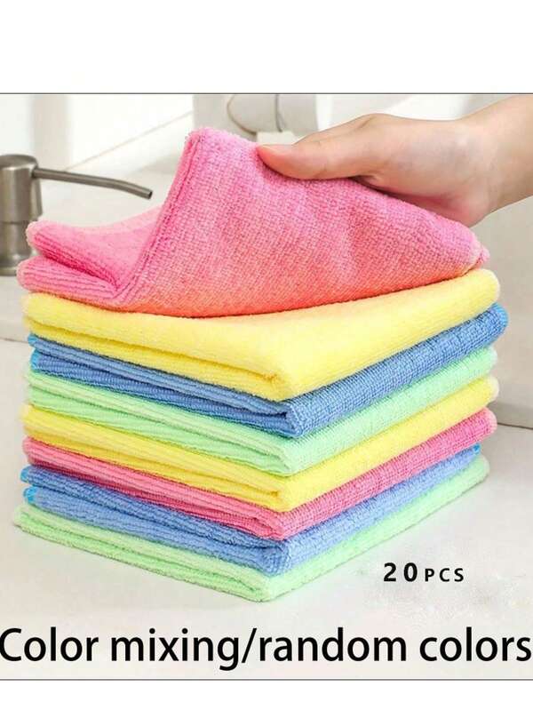 20pcs Thick Kitchen Cleaning Towels/ Dish Cloths, Assorted Colors, Bamboo Fiber, Highly Absorbent, Non-Linting, Non-Stick Oil, 9.8"*9.8", Not Support Machine Washing,Kitchen,Bathroom,Home,Household Supplies
