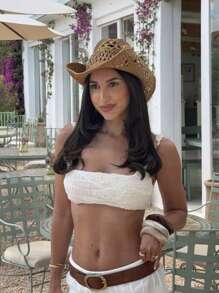 1pc Fashionable Handmade Straw Panama Hat, Bohemian Style Beach Sun Hat, UV Protection Sun Cap, Casual Windproof Hat