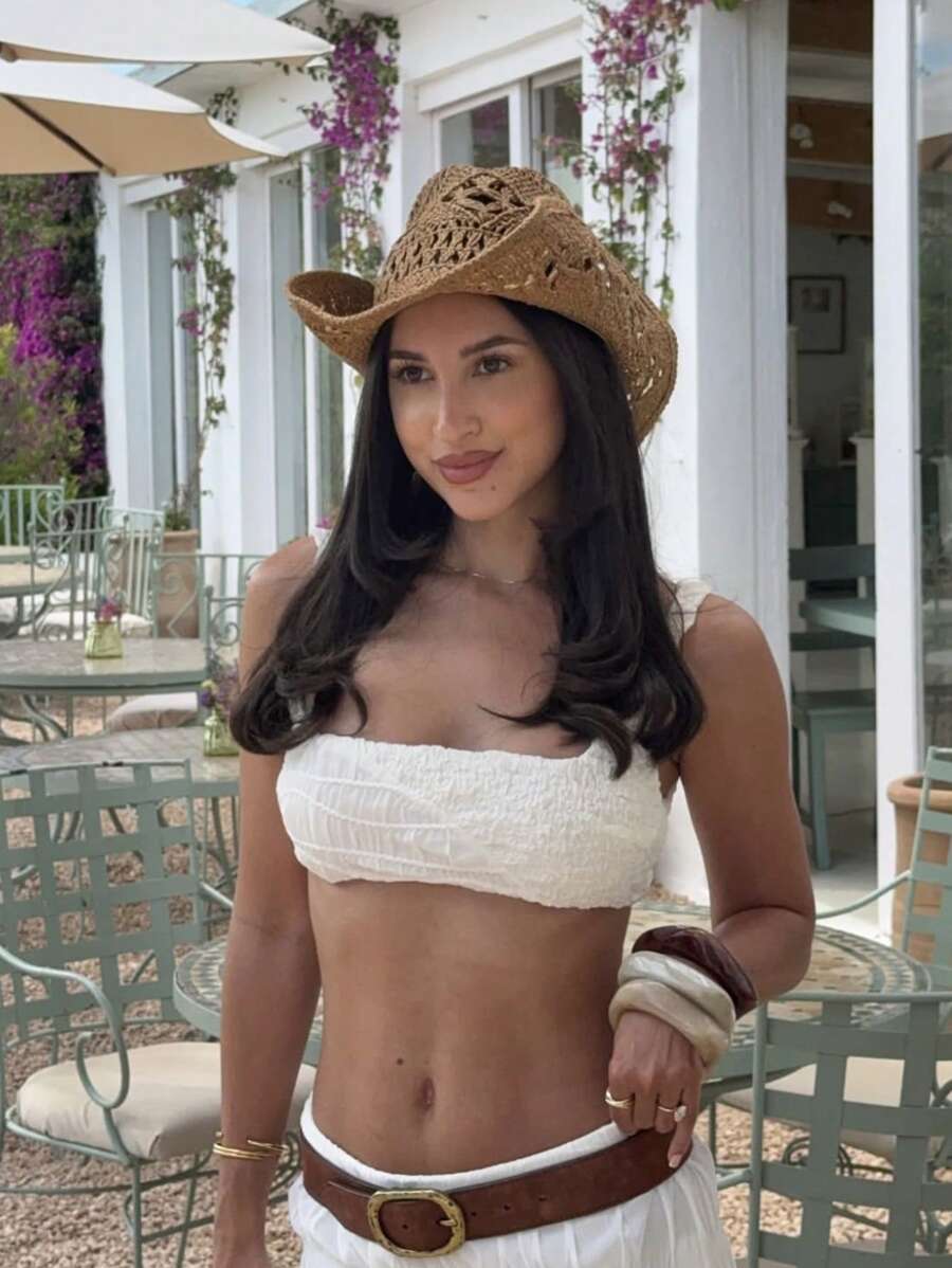 1pc Fashionable Handmade Straw Panama Hat, Bohemian Style Beach Sun Hat, UV Protection Sun Cap, Casual Windproof Hat