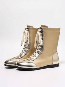 金色侧拉链系带圆头平底舒适休闲百搭中筒靴