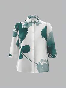 女士印花立领单排扣开衫衬衫，春夏款