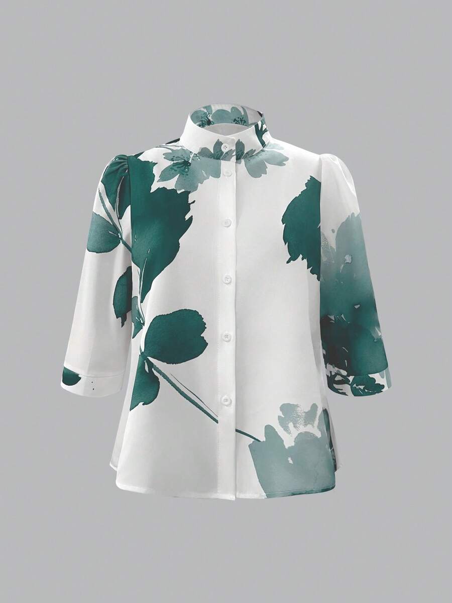 女士印花立领单排扣开衫衬衫，春夏款