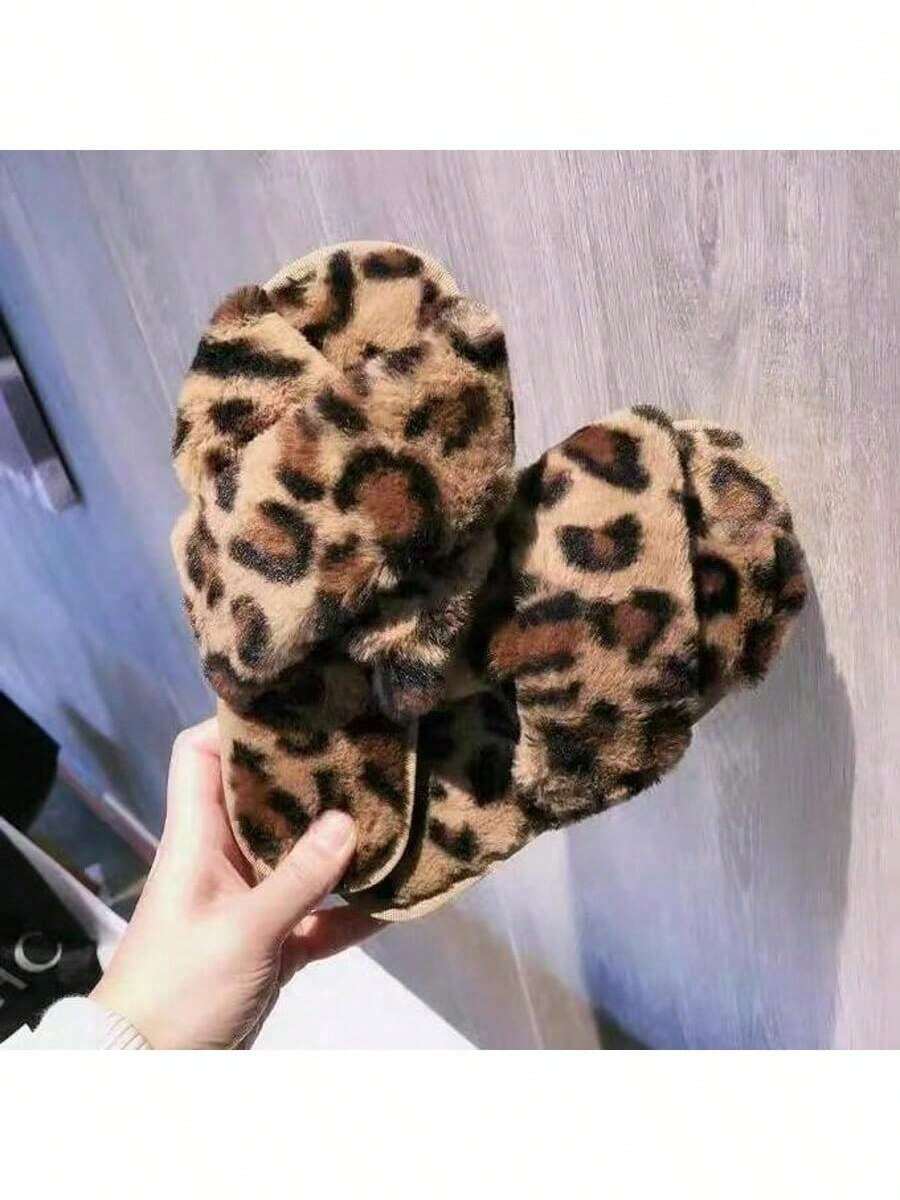 Designer Plush Leopard Print Slippers, Fashion Non-Slip Breathable Lightweight, All Season Cross-Strap Non-Slip Open-Toe Comfortable Indoor/Outdoor Animal Pattern Slides - Brown - View 1