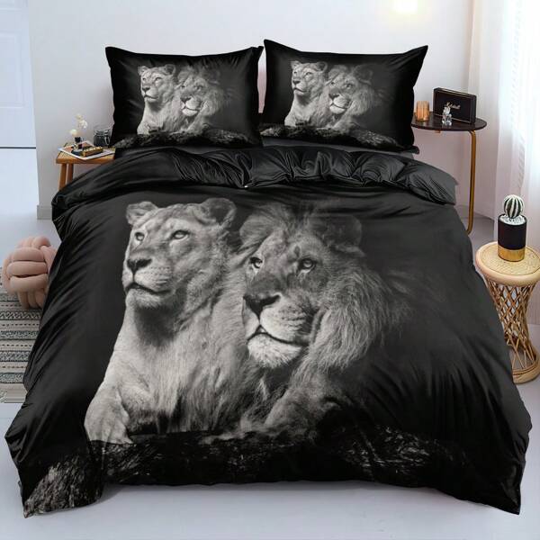 2/3Pcs 3D Animal Print Black Two Lions Duvet/Quilt Cover Sets LionComforter Cover With Pillow Shams King Queen Twin Full Size Bed Set Home Textile (Size 135x200 Only 1 Pillowcase)