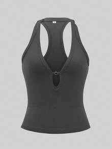 Women's Sexy Y2K Sporty Casual Running Yoga Deep V-Neck Backless Top, Summer - Dark Grey - View 7
