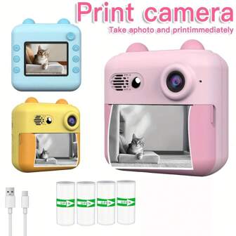 A Instant Print Camera Featuring Dual 1080P HD Cameras 4 Rolls Of Printer Paper Digital Camera With Printing Function High-Capacity 1300Mah Battery Two Printing Modes 6X Zoom Suitable For Boys And Girls