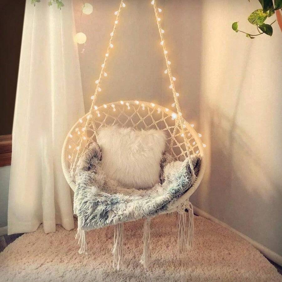 Hanging Chair For Bedroom Hammock Chair Swing With Lights And Hardware Kits Holds Up To 550Lbs Macrame Swing Chair Hanging Cotton Rope Swing Chair For Bedroom, Patio, Deck, Garden And Porch-KASHAN - 1 - View 1