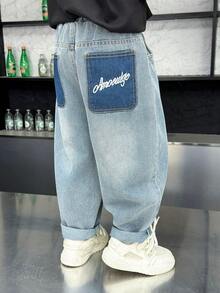 男童宽松直筒休闲牛仔裤，适合日常穿着、上学、户外活动、秋季