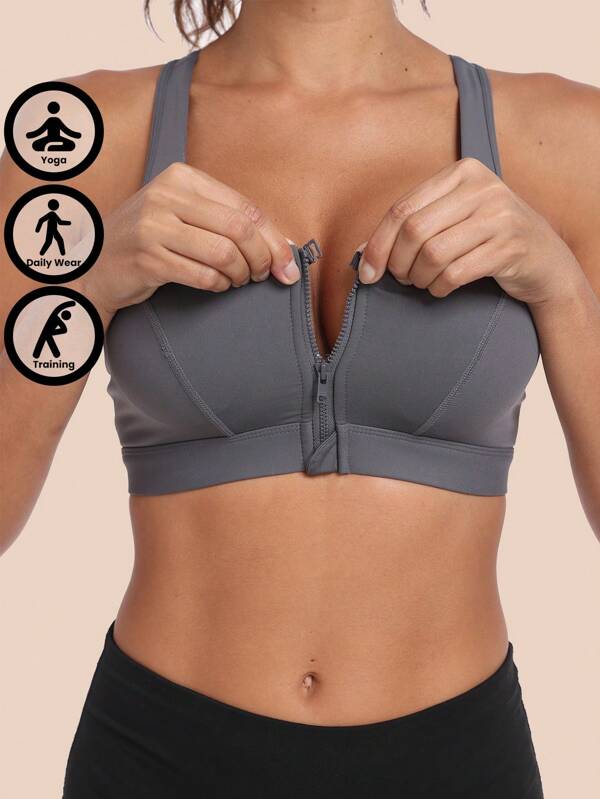 1pc Women's Classic Sexy Knitted Sports Bra, Front Closure, Shockproof High Support Wireless Comfortable With Sponge Pads, Breathable