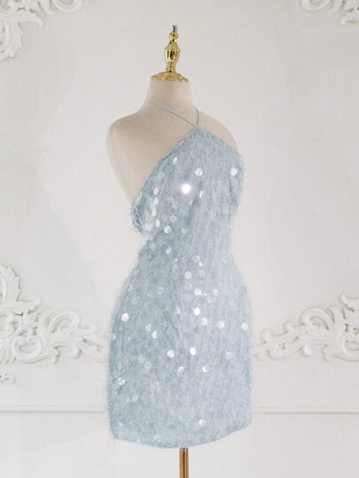 Vestido curto sexy com alças finas e lantejoulas felpudas e costas nuas para férias, vestido de formatura