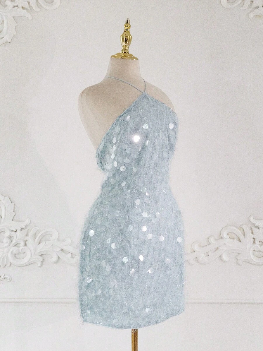 Vestido curto sexy com lantejoulas e costas nuas, estilo camisola, ideal para férias, formatura, Dia dos Namorados, Ano Novo, festas de fim de ano e Natal.