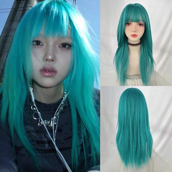 Long Straight Synthetic Blue Green Cyan Wig With Bangs Fluffy Lolita Cosplay Women Wig Heat Resistant For Daily Party