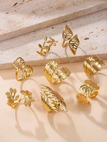 2/3/5pcs Assorted Delivery, Fashionable Minimalist Geometric Leaf Shaped Stainless Steel Adjustable Rings, Suitable For Women's Daily Matching, Gifts, Weddings And Parties - Ring Set - View 1