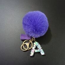 粉色石头字母毛绒球钥匙扣吊坠，时尚钥匙扣手提包装饰礼物，适合送给母亲、父亲、毕业生和老师 - 紫色 - 查看 4