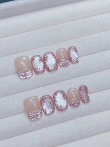 10pcs Pink Handpainted 3D Floral Pearl Chain, French Shiny Pearl Cat Eye Floral Wearable Nail Art Decoration For Nail DIY Enthusiasts, Women And Girls