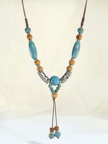 1pc New Exaggerated Bohemian Long Colorful Beaded Metal Asymmetrical Geometric Pendant Necklace Jewelry (The Product Material Is Ceramic, Which Will Be Heavier Than Regular Resin/Plastic)