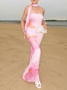 Melissa Matos Damen langes Kleid mit Blume Muster und Taillenverengung, ärmellos, für den Sommer, Sommeroutfits, Sommerkleidung, Strandoutfits für Frauen, Strandurlaub, Urlaubsoutfits, Boho-Tropischer Urlaub, Frauenkleidung Tropischer Urlaub, Blumen-Mesh-Bandeau-Maxikleid,Sommerkleid für Frauen,pastellfarbene Kleider für Frauen