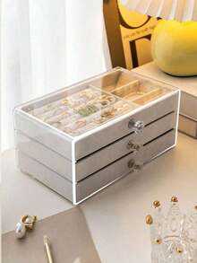 1pc 3-Tier Jewelry Box, Acrylic Jewelry Organizer Tray With C/D/E Size Jewelry Trays, Velvet Lining, Stackable, Crystal Knob, Large Capacity, High-End Earrings/Necklaces/Jewelry Storage, Makeup OrganizerFor Women Storage Organizer Travel Essentials Back To School - Multicolor - View 12