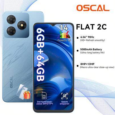 OSCAL FLAT 2C Smartphone, Android 14-system (2025 års modell), 6 GB + 64 GB / 2 TB Octa-Core-processor, 6,56-tums skärm, överkomligt pris, 5000 mAh batteri, 13 MP huvudkamera, 4G Dual SIM Dual Standby, olåst, stöder ansiktsigenkänning, OTG, GPS, 3 kortplatser (adapter ingår ej)
