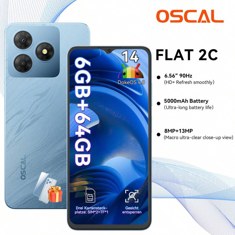 OSCAL FLAT 2C 智能手机，Android 14 系统（2025 款），6GB+64GB/2TB 八核处理器，6.56 英寸显示屏，价格实惠，5000mAh 电池，1300 万像素主摄像头，4G 双卡双待，已解锁，支持人脸识别、OTG、GPS，3 个卡槽（不含适配器） - 查看 1