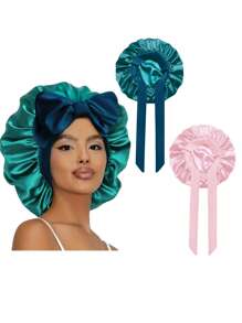 2 pezzi Bonnets da donna con cinturino elastico, in stile seta liscia, colore tinta unita, Bonnets in raso per la cura dei capelli, uso casuale e quotidiano