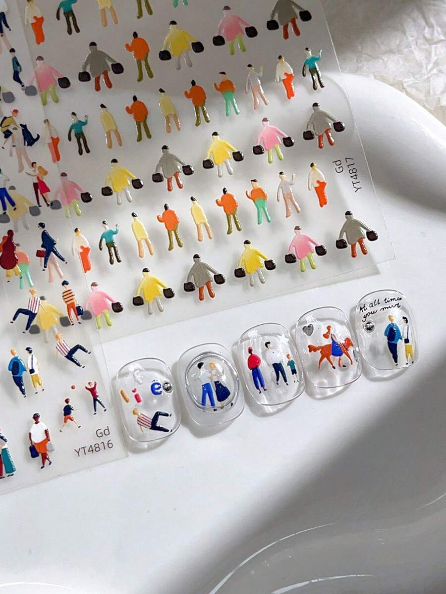 1 pieza Pegatinas de uñas con personajes de dibujos animados lindos y personalizados en varias acciones, calcomanías de uñas autoadhesivas coloridas y lindas para decoración de uñas, apropiadas para uso personal DIY y en salón de manicura