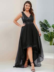 EVERPRETTY Plus Size Sexy Sleeveless V-Neck High-Low Hem Formal Dress, Black Evening Gown For Party, Banquet - Black - View 1