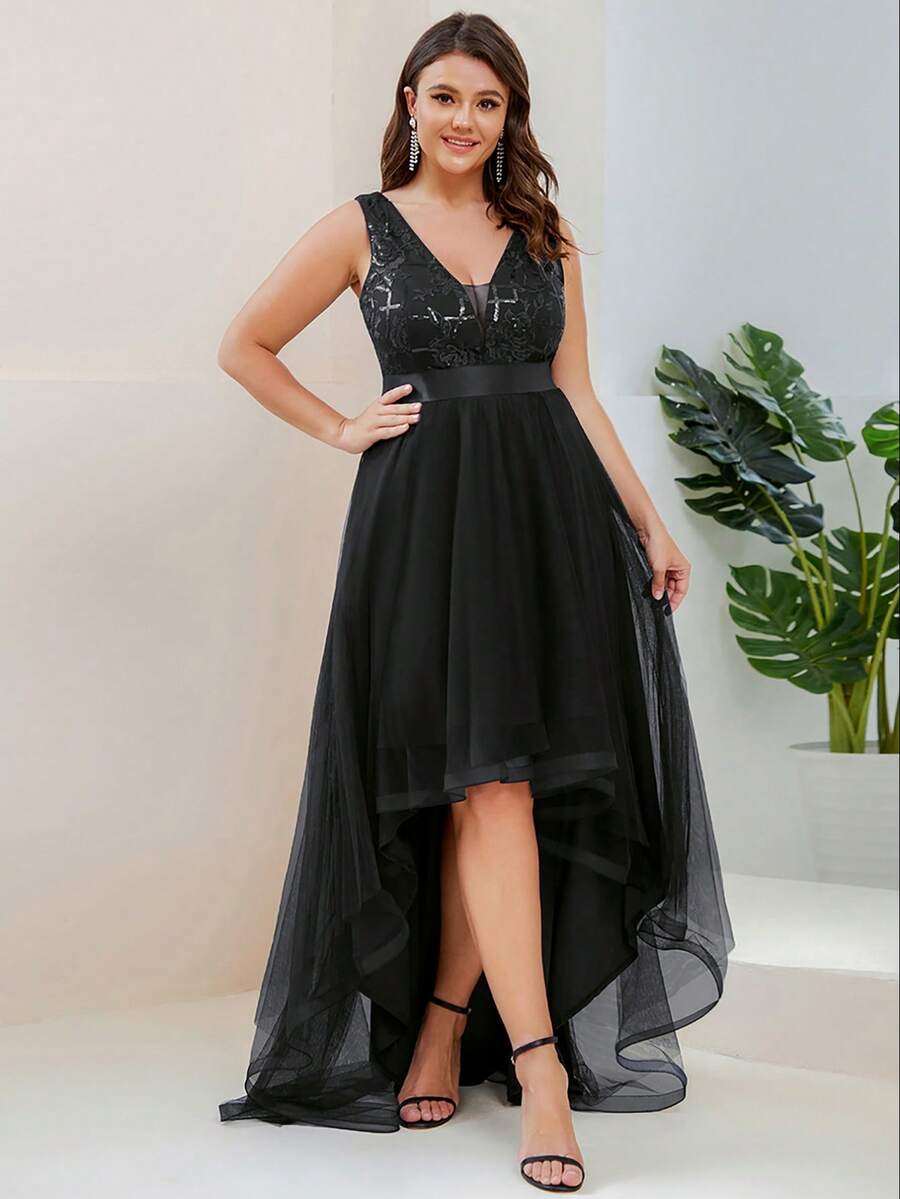 EVERPRETTY Plus Size Sexy Sleeveless V-Neck High-Low Hem Formal Dress, Black Evening Gown For Party, Banquet - Black - View 1