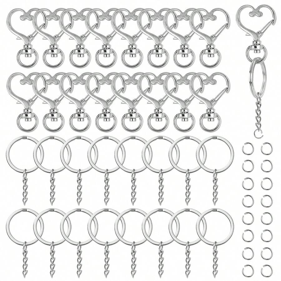 30/60 件心形旋转弹簧钩套装，金属弹簧按扣钥匙链龙虾扣，扁平开口环带链条和跳环，适用于钥匙链、挂绳、珠宝、DIY 工艺品
