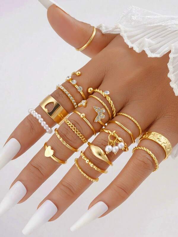 21 pièces/set Bague en métal avec cœur, papillon, étoile, faux-perles, strass, géométrique, ajouré, tressé, croisé, large. Ensemble de bagues à la mode, simples, élégantes, vintage. Cadeau pour les festivals, les vacances, les fêtes, l'usage quotidien