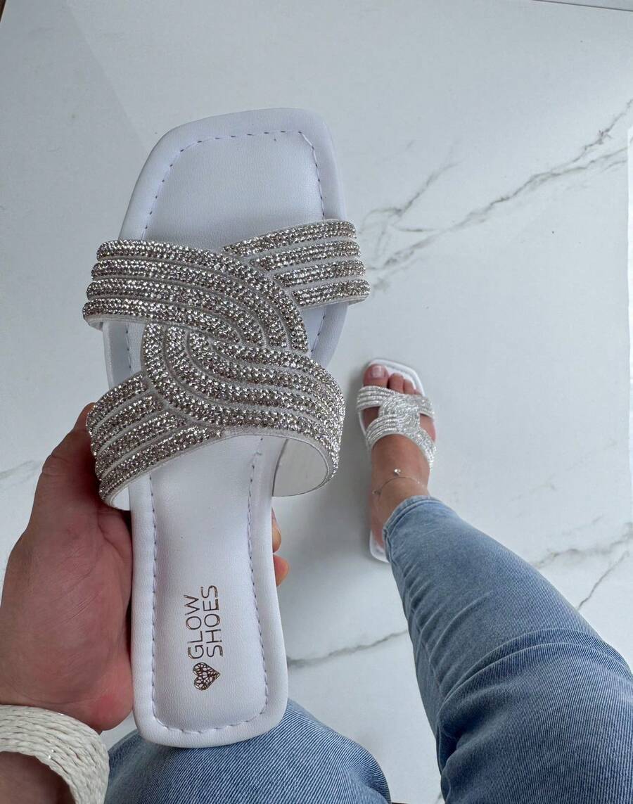 Women's Flat Sandal Rhinestone Shine - White - View 1
