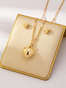 3 pièces Ensemble de bijoux en acier inoxydable avec collier et boucles d'oreilles cœur lisse minimaliste, polyvalents pour un port quotidien