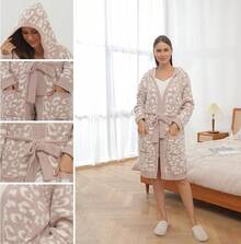 Bearberry Hooded Robe Cozy Leopard Robe Lightweight Soft Plush Bathrobe With Pockets For Women - Stone/Cream - View 3
