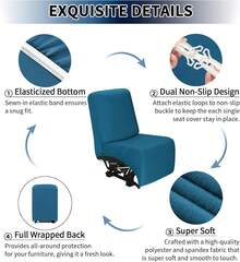 Additional Seat Cover For Reclining Couch Covers, Super Stretch Recliner Covers For Large Recliner, Reclining Sofa Slipcovers Furniture Protector For Kids Pets With Elastic Band, Peacock Blue - 藍色 - 查看 6
