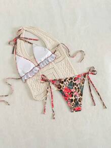 Women's Leopard Print Halter Backless Twist Bikini Set