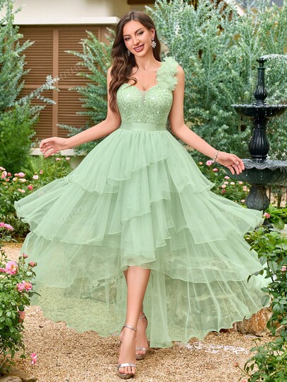 MIUSOL Vestido largo de fiesta de red con tirantes de espagueti, cuello en V, encaje floral con lentejuelas, con dobladillo asimétrico y multicapa, para fiestas de verano, baile de graduación, cumpleaños y sesiones de fotos