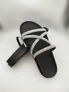 Women's  Platform Sandal With Shiny Rhinestone Straps, Lightweight And Comfortable, Blogger - Black X Glossy - View 1