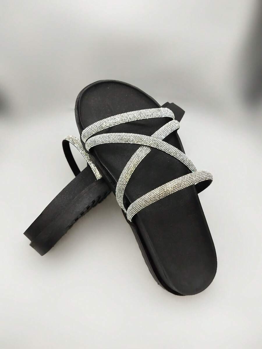 Women's Platform Sandal With Shiny Rhinestone Straps, Lightweight And Comfortable, Blogger - Black X Glossy - View 1