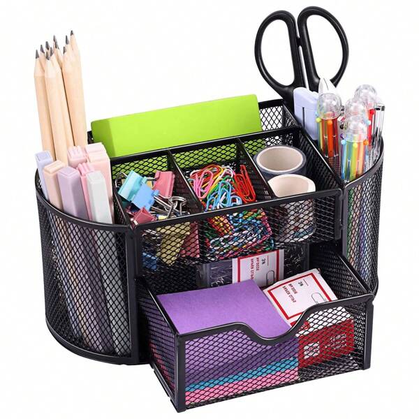 1 pieza Organizador de cosméticos de malla de oficina con 8 compartimentos y 1 cajón, estante de almacenamiento con soporte para bolígrafos, cajón y otros divisores para organizar bolígrafos, cuadernos, tijeras, notas en la oficina, el espacio de trabajo, la empresa y el hogar