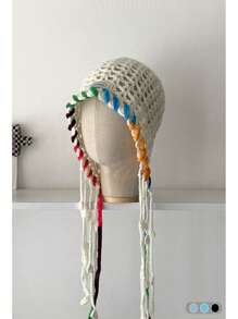 1pc Handmade Crocheted Tassel Tie Hollow Breathable Knitted Beanie Hat For Women, Colorful Floral Pattern, Large Size Fits All, Warm Ear Protection, Casual Versatile Knit Cap For Autumn/Winter