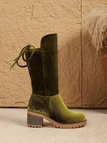 Olive Green Velvet Mid-Calf Boots, Chunky Heel Design, Retro & Fashionable, Must-Have For Autumn/Winter - Olive Green - View 5